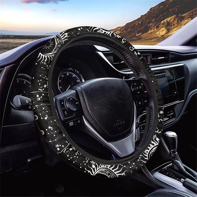 Xoenoiee 11 Pcs Car Accessories with Front & Rear Auto Seats Covers, Steering Wheel Cover, Seat Belt Pads, Cup Coaster, 2 Pcs Key Chain - Universal Fit - Celestial Sun Moon Stars