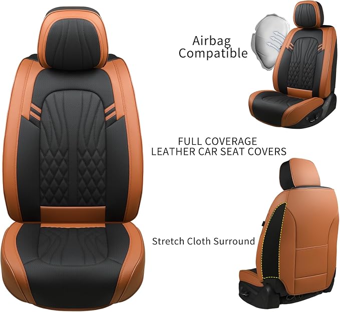 MINGBRON Leather Car Seat Covers,Car Seat Protector Waterproof,Seat Covers Full Set, Car Seat Protectors 5 Seats,Automotive Seat Covers Fit Most Cars Black&Brown