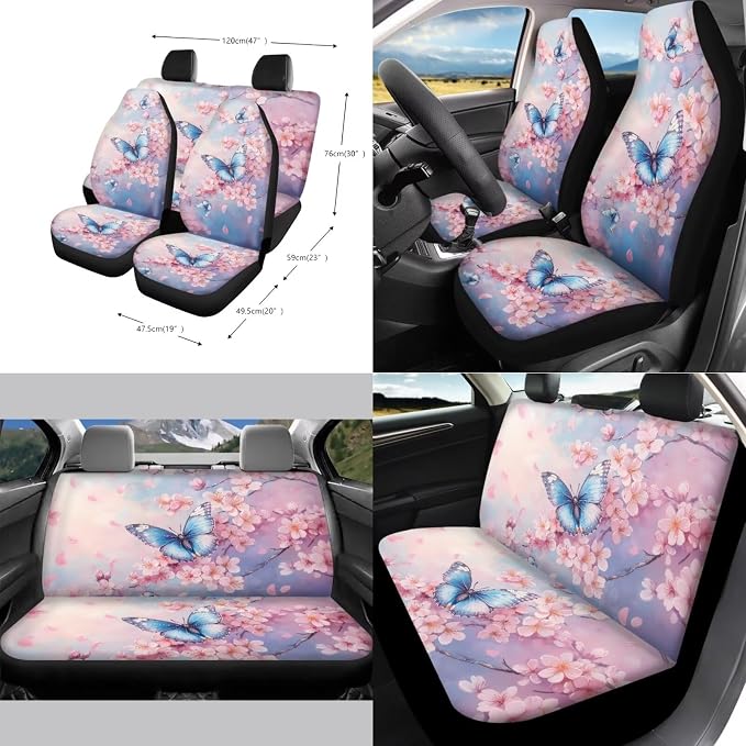 Butterfly Pink Cherry Blossom Print Car Accessories Car Seat Covers Full Set with Steering Wheel Covers+Seat Belt Pads+Coasters+Keychain+Lipstick Holder Universal Fit(13 Pack)