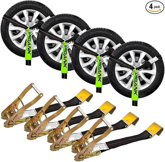 Wheel Tie Down Straps (4PK) – 2'' X 96'' Webbing with Flat Hooks for Easy Tire Hauling on Trailers, Cars, SUVs, and Sports Vehicles