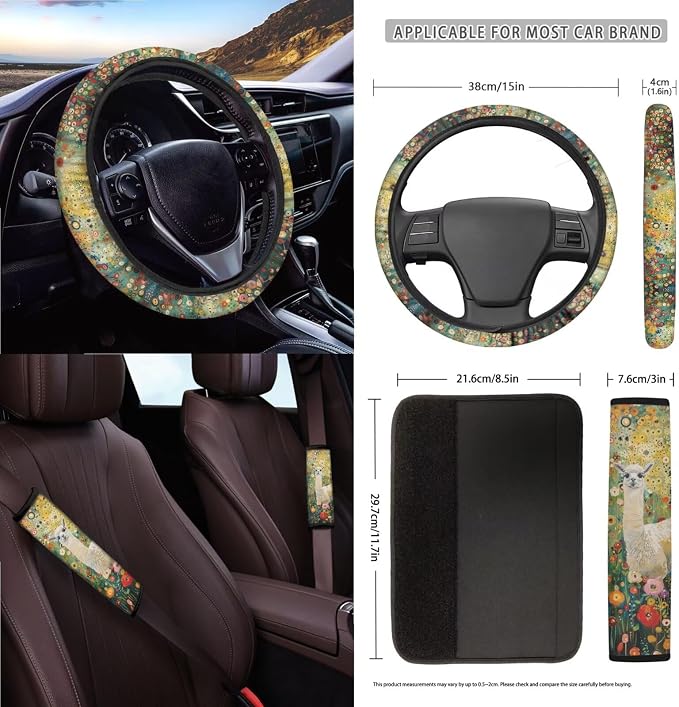 Alpaca Flower Print Automotive Seat Covers & Accessories Full Set, 15Pcs Car Interior Cover Set High Back Seat Covers Steering Wheel Cover Safety Belt Pads for Vehicle Truck Sedan