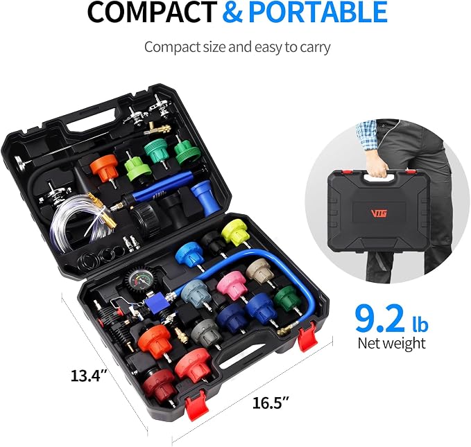 VTG VOGTEN 31PCS Coolant Pressure Tester Kit,Radiator Pressure Tester and Vacuum Refill Kit for Automotive Cooling System Water Tank Leakage Detection