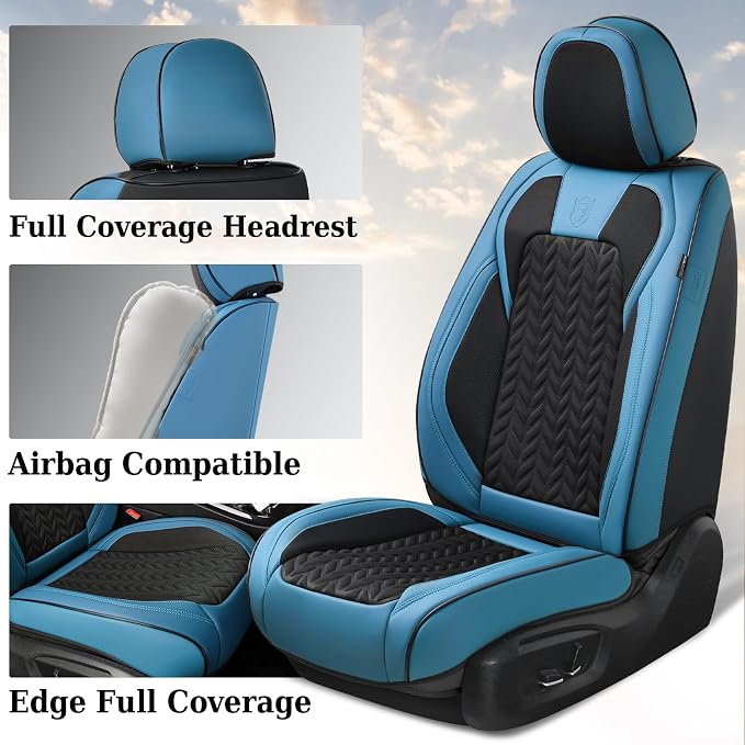 Coverado Car Seat Cover Winter, Front Seat Cover, 2PCS Car Seat Protector, Seat Covers for Cars, Breathable Faux Leather Car Seat Cushion, Car Seat Protector, Blue Car Seat Covers Fit Most Vehicles