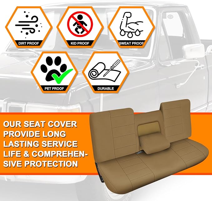 Truck Seat Cover Compatible with 1987-1991 Ford F150 Front Bench with Opening Armrest and Molded Headrest (Tan, 1987-1991 F150)