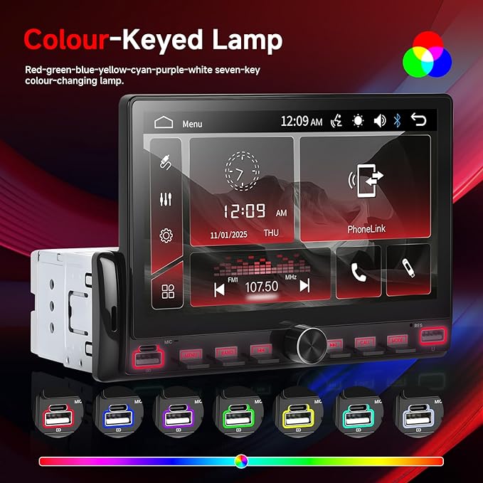 7 Inch Single Din Car Stereo with Mirror Link, Steering Wheel Control, Bluetooth, FM Radio, 7 Color Lights, EQ Adjustment, Online Video Support for Most Vehicles