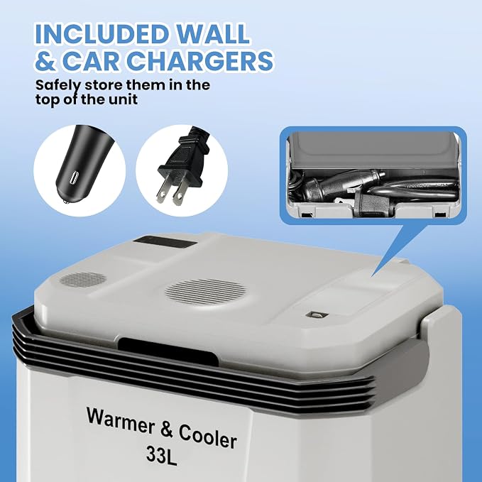 Garvee 35 Quart (33 l) Electric Cooler & Warmer, Portable Car Refrigerator with Automatic Locking Handle, 12V Car Cooler for Vehicle & Trucks, 110V AC Home Power Cord, Plug in Coolers, Grey