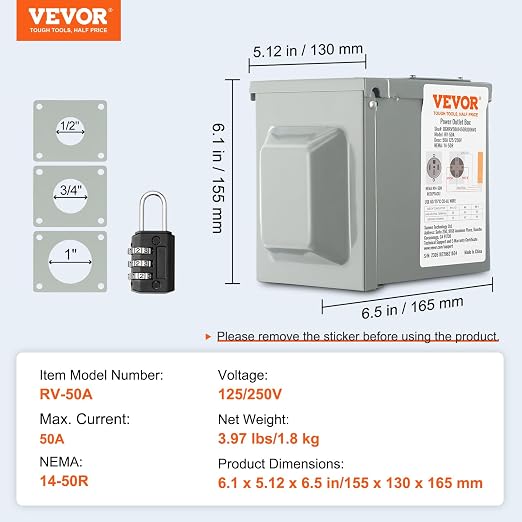 VEVOR 50 Amp RV Power Outlet Box, 125/250 Volt, Enclosed Lockable Outdoor RV Receptacle Box, NEMA 14-50R Weatherproof Electrical Panel, for RV Camper Trailer Motorhome Electric Car