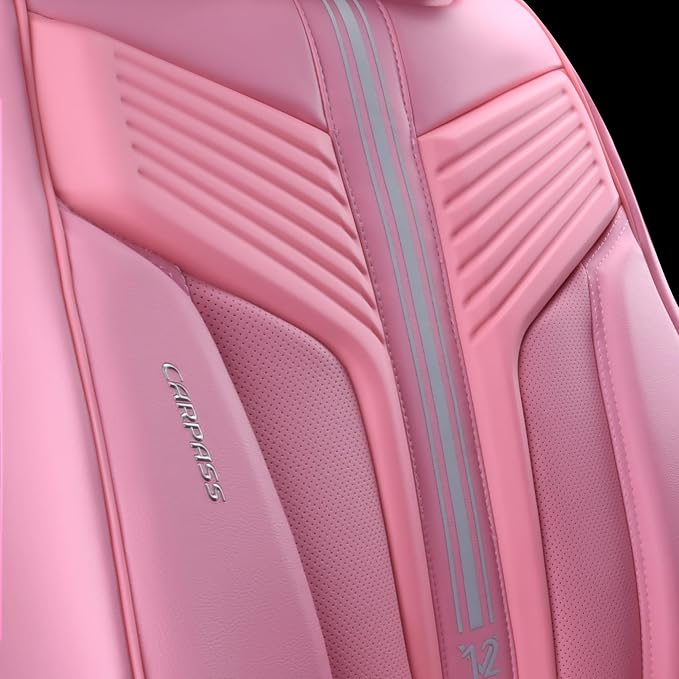 CAR PASS Pink Nappa Leather Seat Covers, Cute Girly Car Seat Covers Full Set for Women, Luxury 3D Sponge Support Waterproof Car Seat Protector, Universal Fit SUV Pick-up Truck Sedan Automotive