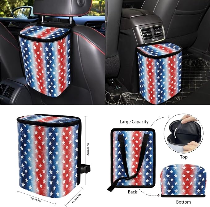 Wanyint Car Seat Cover Set 15 PCS, with Steering Wheel Seat Belt Strap Rear View Mirror Cover Trash Can Cup Coaster Keychain Air Vent Storage Bag 4th of July Patriotic Decor, Star Stripe US Flag