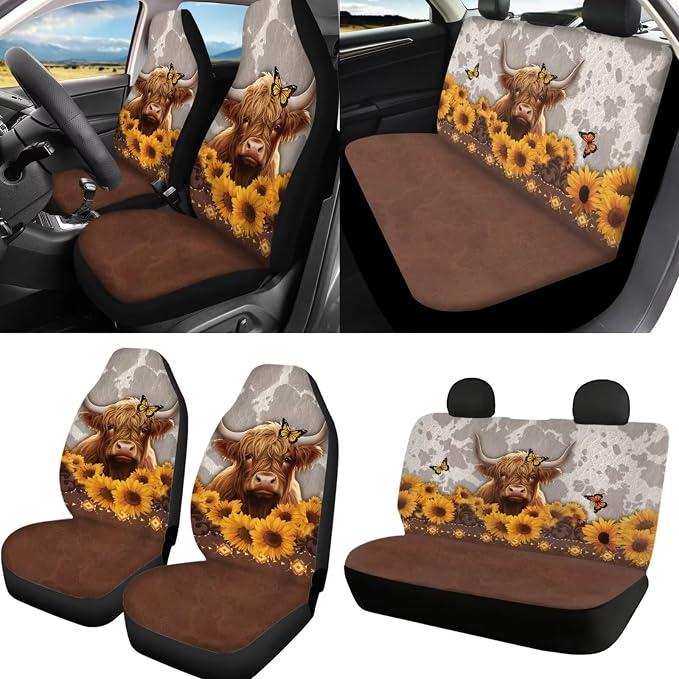 Highland Cow Printed Car Seat Covers with Steering Wheel Cover 4 Pack Seatbelt Pads Sunflower Print Auto Seat Protector Universal Fit Most Vehicles, Auto Accessories, Brown