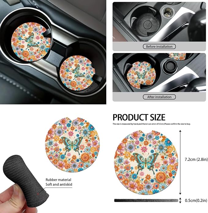 Car Accessories Car Seat Covers Full Set with Steering Wheel Covers+Seat Belt Pads+Coasters+Keychain+Lipstick Holder Universal Fit(13 Pack), Vibrant Boho Mandala Butterfly