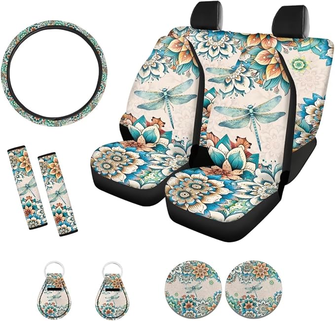 Suobstales Boho Dragonfly Flower Print Car Accessories for Women Men Seat Covers for Car, Trucks, SUV Full Set Interior Cover Seat Protectors with Steering Wheel Cover,Seat Belt Pads,Coaster,Keychains
