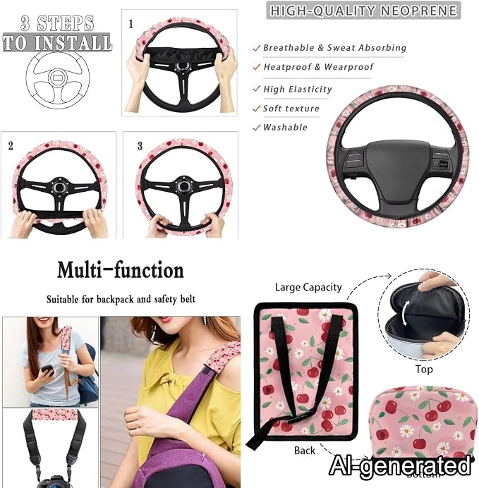 Dreaweet Pink Car Seat Covers Full Set for Women Cute Cherry Car Accessories with Steering Wheel Cover Seatbelt Covers Car Coasters Trash Bag Air Vent Storage Bag Rearview Mirror Cover Keychain,15 Pcs