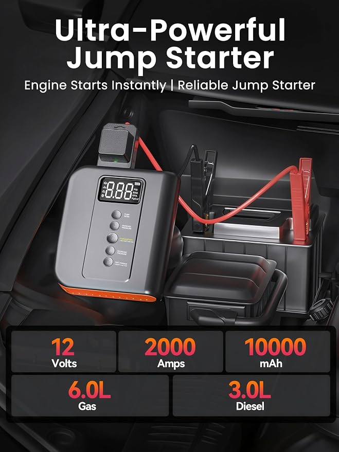 10000 amp Jump Starter with Air Compressor for Car, Battery Portable Power Pack 150PSI Tire Inflotor, USB Charge, LED Light, for All Gas and Up to 8L Diesel Engines Jumper Box