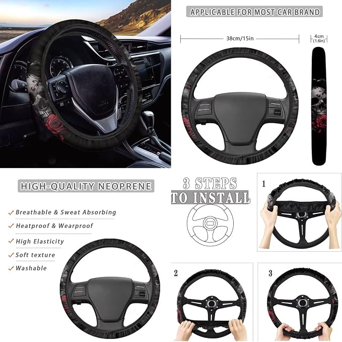 Howilath Raven Rose Skull Car Front Seat Cover with Center Console Cover+Steering Wheel Cover+Seatbelt Pads+Keychain+Coasters Car Accessories Set of 10