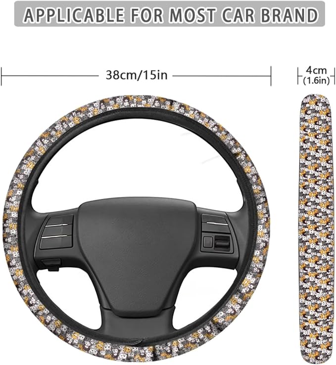 Cat Pattern Women’s 13 Pieces Car Accessories, 4 Pieces Auto Seat Covers with Elastic Backing, 1 Piece Steering Wheel Cover, 4 Safe Belt Pads, 4 Cup Coasters as Gift for Family Friend
