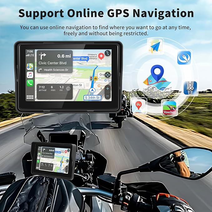 Podofo Upgrade Motorcycle GPS Wireless Apple Carplay/Android Auto Waterproof Car Stereo, 5" IP67 Waterproof IPS Touchscreen with Dual Bluetooth,Navigation/Siri/Goog-le for Motorbike
