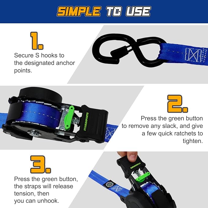 STARLEAPARTS Retractable Ratchet Straps(2PK 1.0INX12FT) - 1,500lb Break Strength, Ratchet Strap Heavy Duty with Rubber Coated Handle, Perfect Auto Ratchet Straps for Motorcycle, Kayak and Trucks