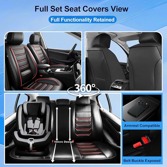 Fit Verano Car Seat Covers for Select Buick Verano 2012-2017 - Premium Full Coverage Leather, Airbag Compatible, Waterproof & All Weather Seat Cushion Protector, Full Set, Red Trim