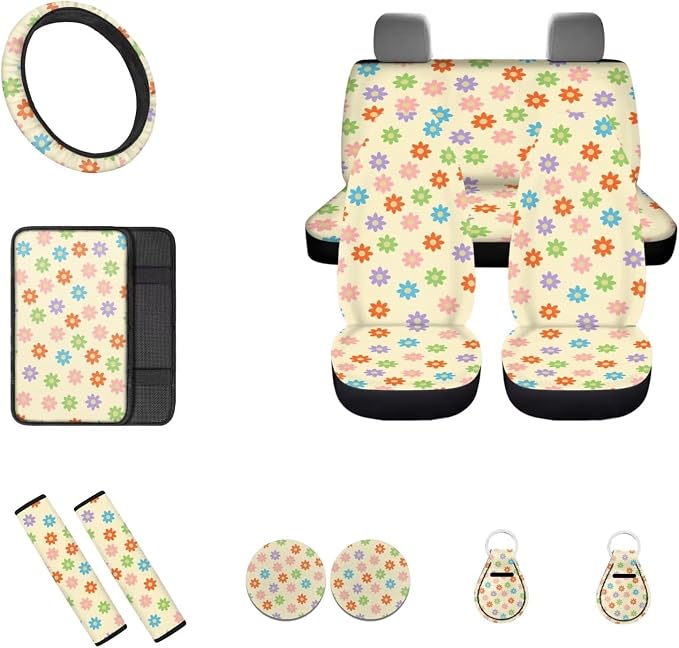 Vintage Groovy Rainbow Flower Car Seat Covers Full Set,Floral Cute Steering Wheel Cover Universal 15Inch,Armrest Pad Key,Seatbelt Pad,Coasters,12Pcs Aesthetic Hippie Car Interior Set for Women
