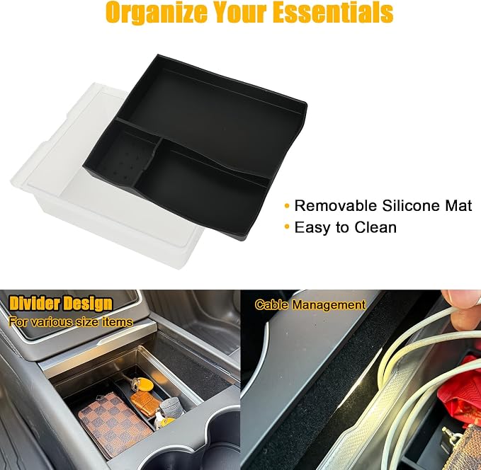 ROCCS 5PCS Center Console Organizer Set Compatible with Model 3 Highland 2024-2025 & Model Y Juniper 2025-2026, ABS Hidden Storage Box with Cup Holder Mat & Wireless Charging Pad Liner, Black