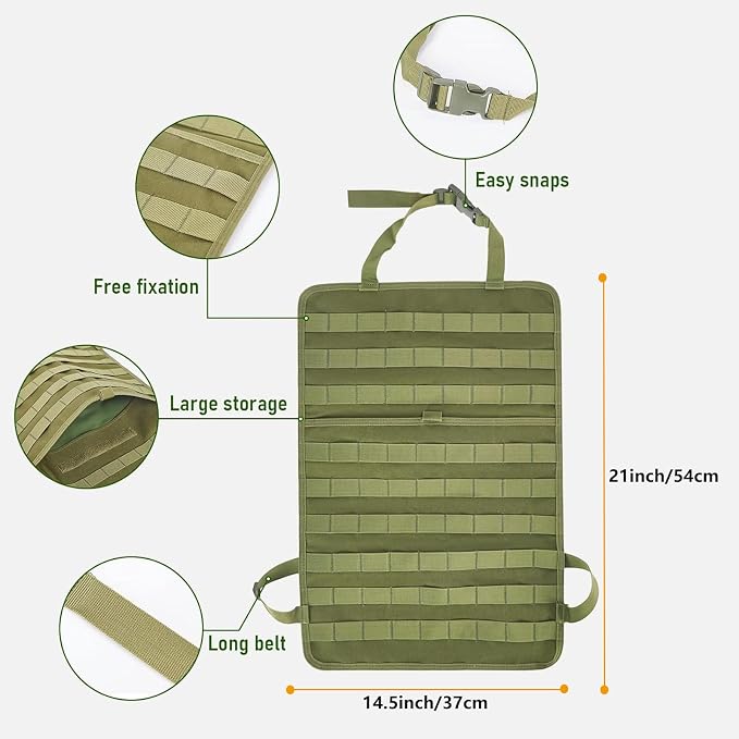 truck seat organizer and storage tactical car back seat back organizer with a Molle Vehicle Panel and 5 Different Size Molle Pouches for most models such as Jeep,SUV,Pickup(Army green)