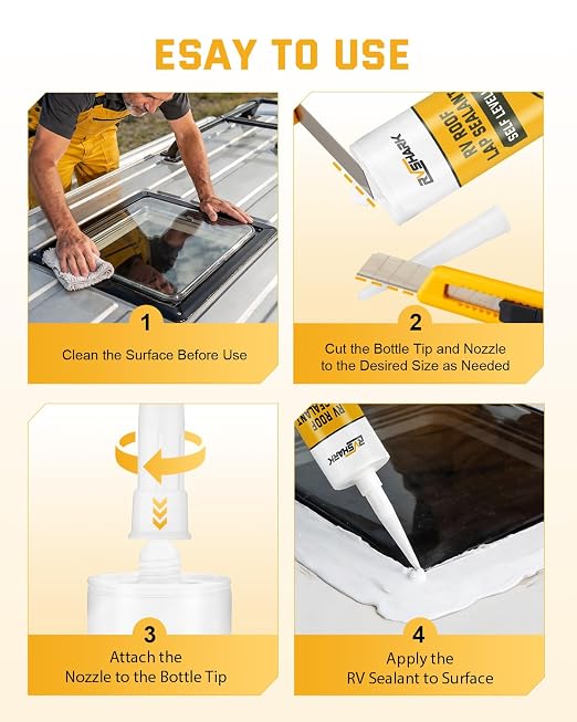 RV Roof Sealant 4 Pack, 30 Seconds Self Leveling Lap Sealant – White, Fast Curing Waterproof Flexible Caulk RV Sealant with Gloves for Camper Trailer Roofs Maintenance Repair