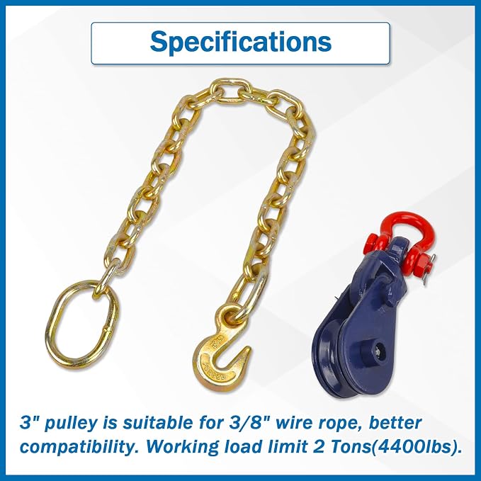 2 Tons Snatch Block with 2 ft G70 5/16 Chain Flatbed Tow, 3" Sheave for 3/8" Inch Wire Rope for Truck Rollback Wrecker Car Hauler Winch Carrier Cable Towing and Recovery
