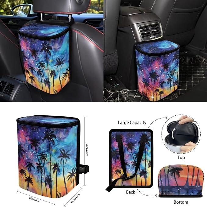 Tropical Palm Tree 15 Piece Car Seat Covers Full Set Car Steering Wheel Cover Auto Safe Belt Pads Cup Coasters Garbage Can Rear View Mirror Cover Keychains Wristlet Strap