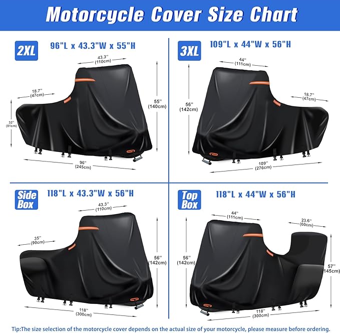 Motorcycle Covers Waterproof Outdoor Storage,600D Large Motorcycle Cover,Nano Silver Inner,fits Street Glide,Road Glide, Road King Special,Sports Motorcycle Cover,Side Box(118"X43.3"X56" Black)