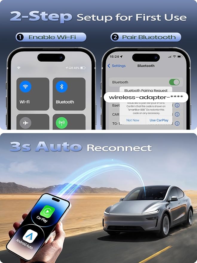 Mini Wireless CarPlay Adapter for Apple iPhone & Android Auto - Convert Wired to Wireless, Gold-Plated USB, Fast, Stable & Auto Reconnect in 5 Seconds, for OEM Wired Apple CarPlay Cars 2016+