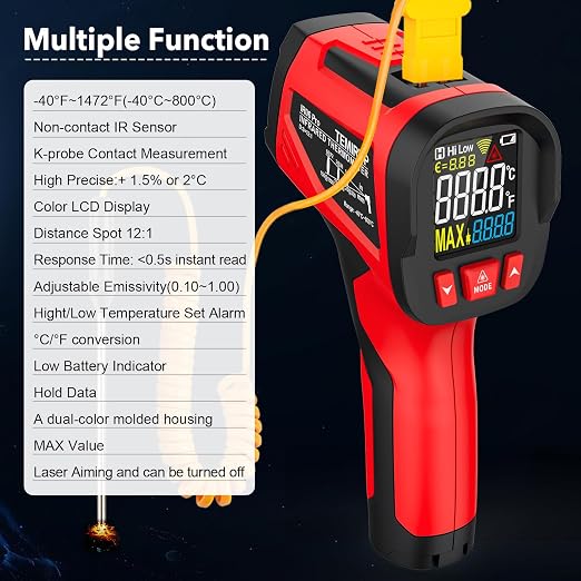 Infrared Thermometer Gun, Digital Laser Temperature Gun with Probe, -40°F~1472°F Non-Contact IR Thermometer with Adjustable Emissivity for Cooking, Pizza Oven, Griddle, Grill & Meat