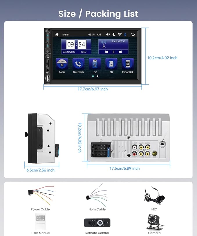 7 Inch Double Din Car Radio, Wireless/Wired CarPlay Android Auto, HD IPS 1024x600 Touchscreen, Bluetooth SWC, AHD Backup Camera, FM EQ AUX USB