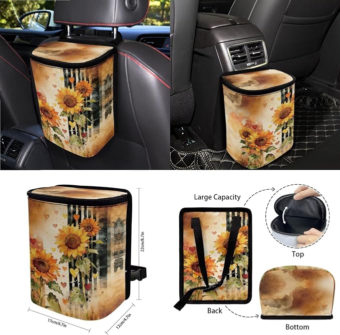 Sunflower Print Car Interior Covers Full Set of 15 Decorative Car Front Rear Seat Covers Steering Wheel Cover Safety Belt Pads Rearview Mirror Cover Garbage Bag Keychain