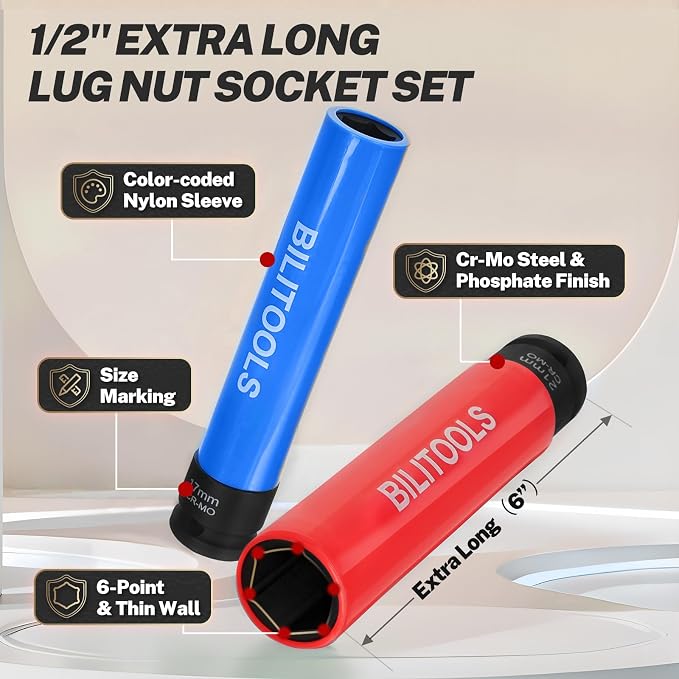 BILITOOLS 1/2 inch Drive Impact Flip Socket Set &Extra Long 6" Lug Nut Socket Set