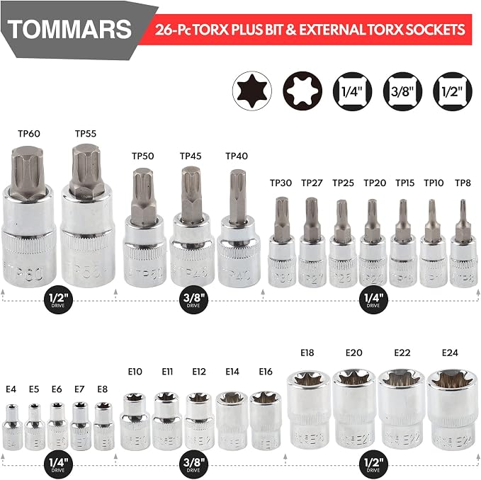 TOMMARS 14-PC Long Torx Bit Socket Set T10-T70 & 60-Pc Master Torx Bit Socket and External Socket Set