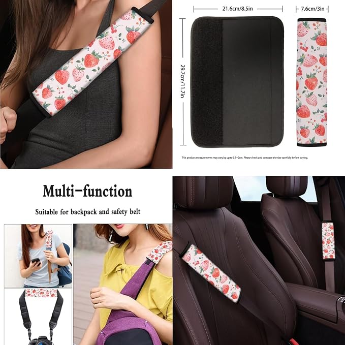 Strawberry 13 Pack Car Seat Cover Pink Strawberry Lover Seatbelt Pad Armrest Cushion Fruit Hand Drawn Strawberries Keychain Cup Holder Coaster Pads Decor Accessory