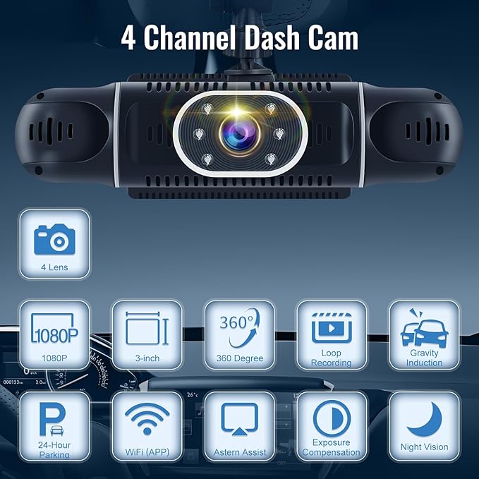 NHOPEEW 4 Channel 360 Dash Cam, 3 inch IPS Screen 1080P Front and Rear Inside, 720P Left Right Dash Camera for Cars with WiFi&App Control, Night Vision, Loop Recording + 64G TF Card