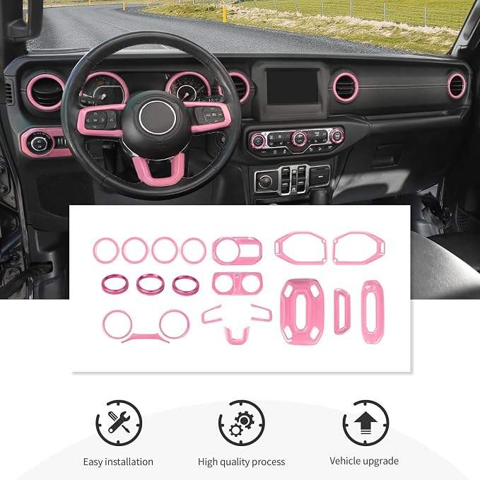CheroCar Pink 20PCS Interior Trim Kit for Jeep Wrangler JL JLU & JT Gladiator 2018-2023,Dashboard,Steering Button Frame,AC Switch,Roof Speaker,Reading Light,Headlight Switch,Rear Air Vent Trim