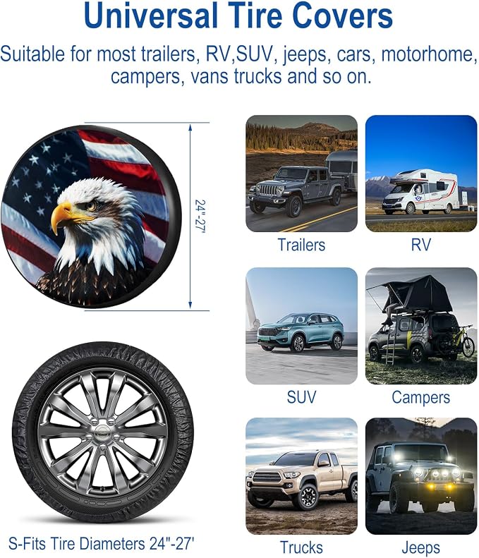 RV Spare Tire Cover with American Eagle USA Flag, Trailer Tire Covers PVC Leather for Truck SUV Wrangler Camper Vehicle Wheel Cover Waterproof Sun Dust Protection 17 inch