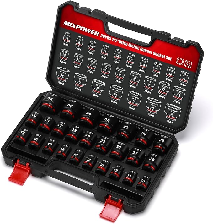 MIXPOWER 26 Pieces 1/2'' Drive Shallow Impact Socket Set,12 Point,Metric,10-36mm,CR-MO,Axle Nut Impact Grade Socket for Easy Removal