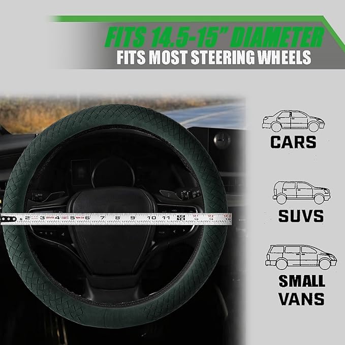 Suede Steering Wheel Cover with Upgraded Silicone Inner Ring, Breathable, Anti-Slip, Leather Universal 14.5 to 15 Inch Steering Wheel Cover (Green with Handwoven Craft)