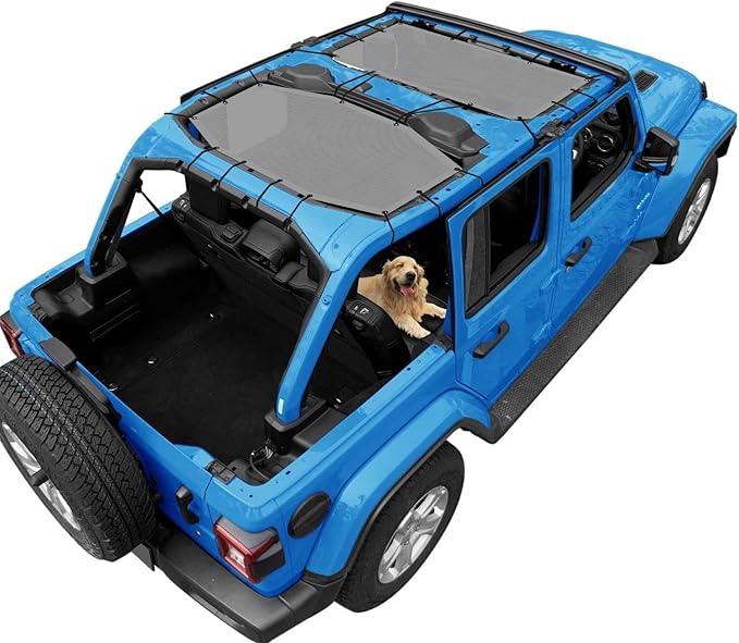 JL Top Sun Shade Roof Compatible with Jeep Wrangler 2 or 4 Door 2018 to 2023 Sunshade Sunroof Blocks UV Wind Noise Gray Mesh for Front and Rear 2 pcs