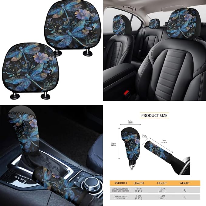 Blue Floral Dragonfly Car Seat Covers Full Set 15 Pcs Universal Seat Covers Front and Back with Steering Wheel Cover Seat Belt Pad Trash Can Car Headrest Pillow Covers Armrest Pad