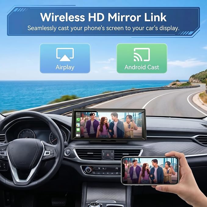 8.1" Portable Wireless CarPlay Stereo with 2K Dash Cam & 1080P Backup Cam | Wireless CarPlay/Android Auto, Voice Control, Split Screen, Plug & Play, 2K Dash Cam + 1080P Rear Cam