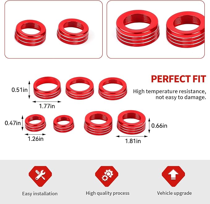 Jimen for Tahoe Center Console Knob Covers, 7PCS AC Air Conditioning Volume Control Button Headlight Switch Trim Ring Fit for Chevrolet Tahoe 2024-2025 (Red)