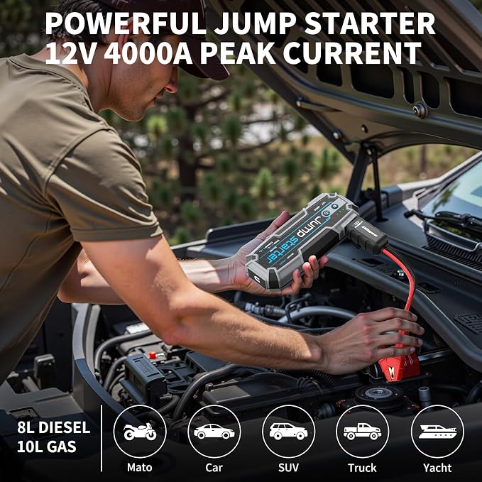 Car Jumper Starter Portable 24000mAh 12V Peak 4000A Jump Box for Car Battery Cargador De Bateria De Carro Portatil Waterproof IP67 Magnetic Hook Fast Charge 100W Led Lights Camping