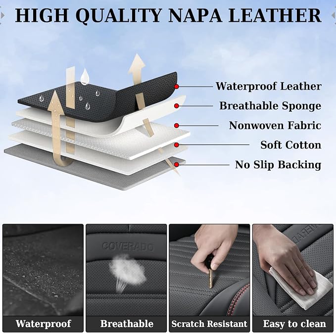Coverado Car Seat Covers Front Seats, Automotive Seat Covers, Waterproof Nappa Leather Car Seat Cover, Car Seat Cushion, Black Redline Seat Covers Carseat Cover Universal Fit for Most Cars