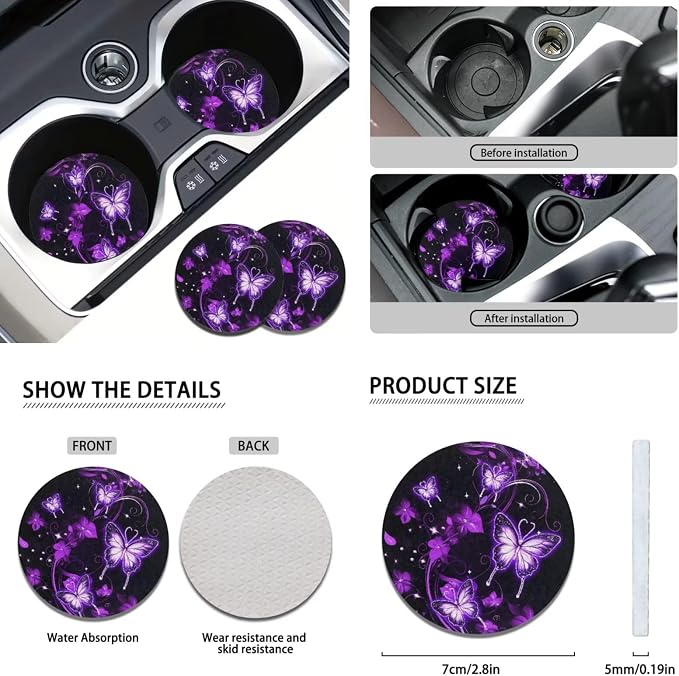 Butterfly Car Seat Covers and Accessories for Women 4 Seat Cushion Cover+1 Steering Wheel Cover+2 Safety Seatbelt Pad+2 Car Coasters+1 Shift Knob Cover and 1 Handbrake Cover, 11 Pack