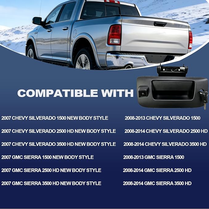 Tailgate Handle Backup Camera Rear View Camera Liftgate Latch Handle with Key Lock Cylinder Black fit for 2007-2014 Chevrolet Chevy Silverado GMC Sierra 1500 2500 3500